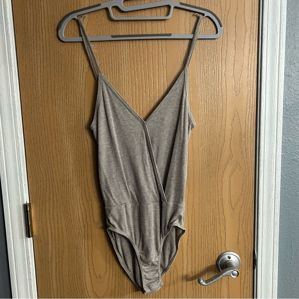 Tan Chemise with Plunging V-Neck and High-Cut Design